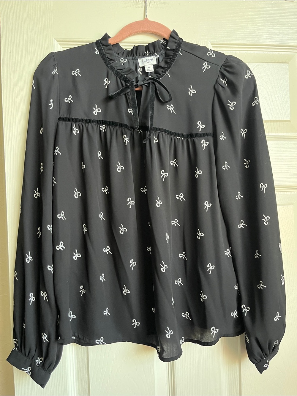 J. Crew Factory Black Bow-Print Ruffle Tie-Neck Blouse